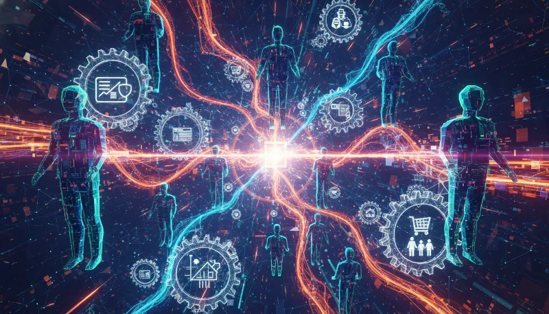 Abstract visualization of agentic AI network transforming work and life