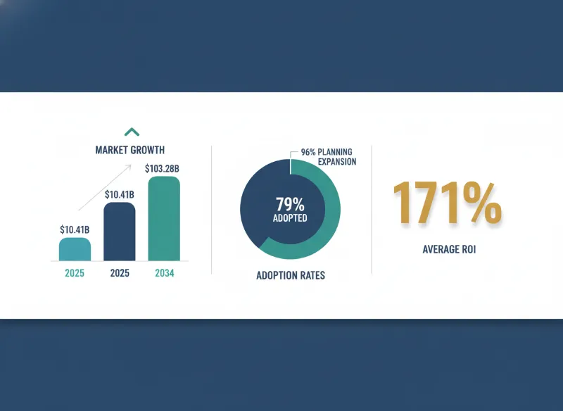 Infographic showing Agentic AI market growth, adoption rates, and average ROI for enterprises in 2025.