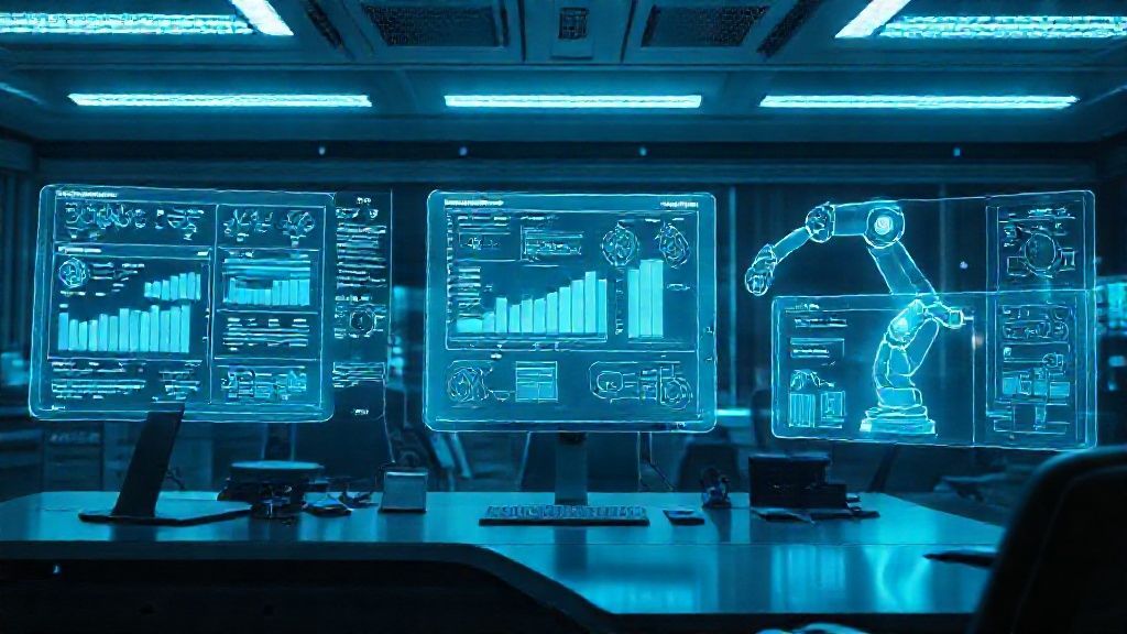 Futuristic workspace representing AI automation consulting with holographic graphs