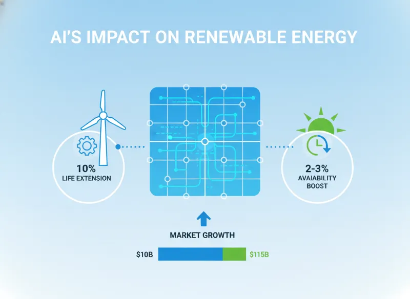 AI's Accelerating Impact on Renewable Energy Efficiency Infographic showing AI's benefits in renewable energy: grid optimization, asset life extension, and increased availability.