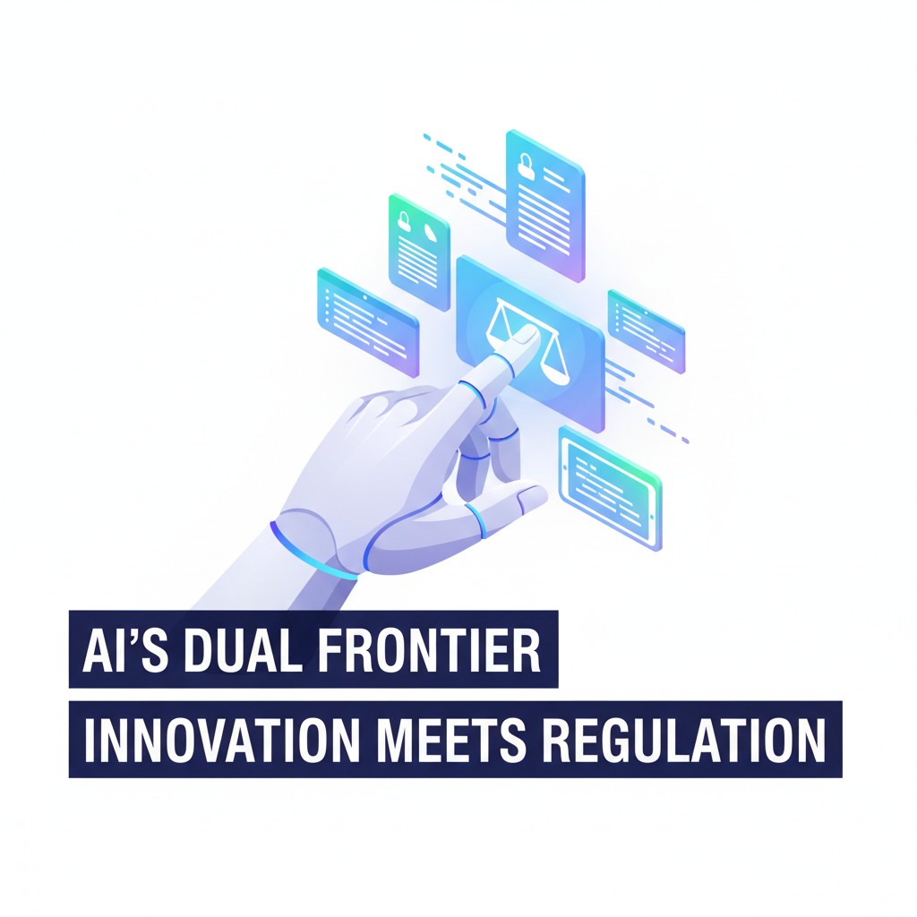 Social media graphic for AI's Dual Frontier, showing innovation and regulation converging.