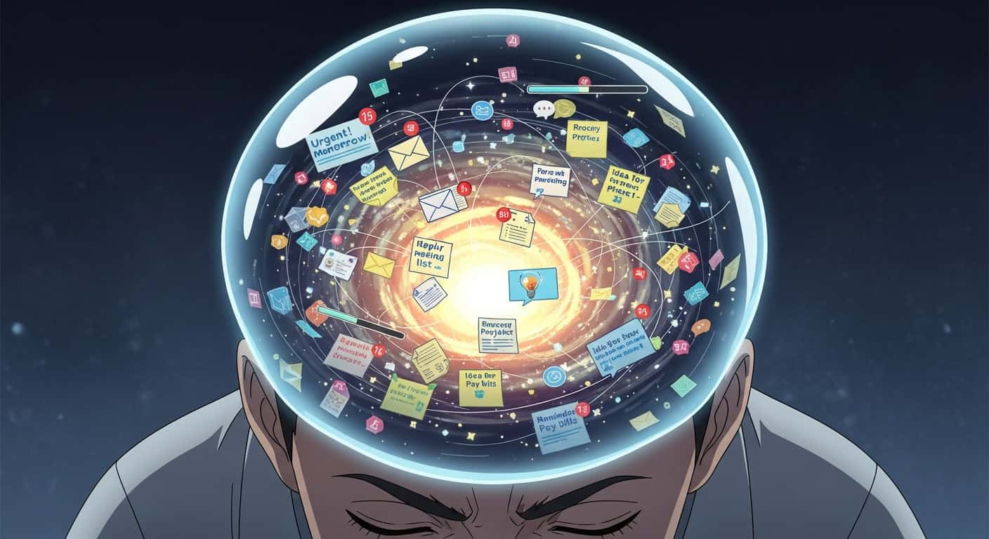 An anime illustration showing the transformation from a cluttered mind overwhelmed by information overload to an organized digital space, symbolizing the benefits of building a second brain for clarity and focus.