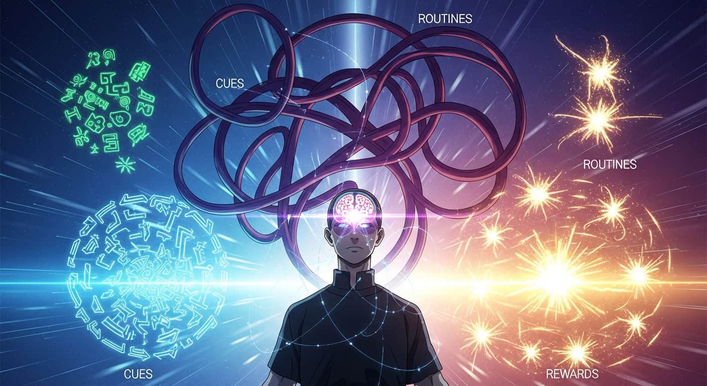 An anime-style illustration of a person with a glowing brain, surrounded by abstract elements representing the habit loop (cue, routine, reward), symbolizing the intricate science of habits and personal transformation.