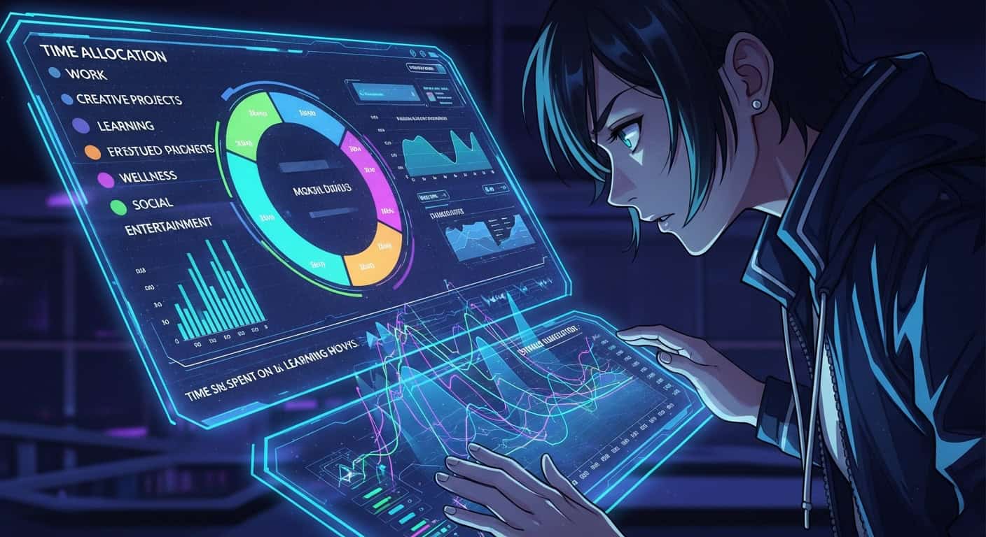 A vibrant anime-style image depicting a person analyzing complex data visualizations from an AI time audit, highlighting time sinks and productivity patterns.