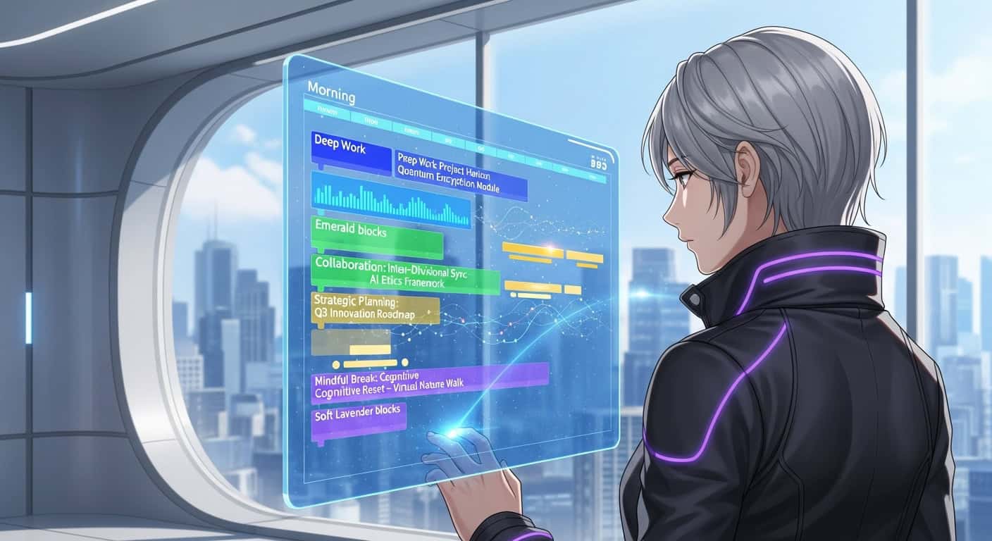 A person efficiently managing their day with AI time blocking software, showcasing a perfectly organized digital calendar.