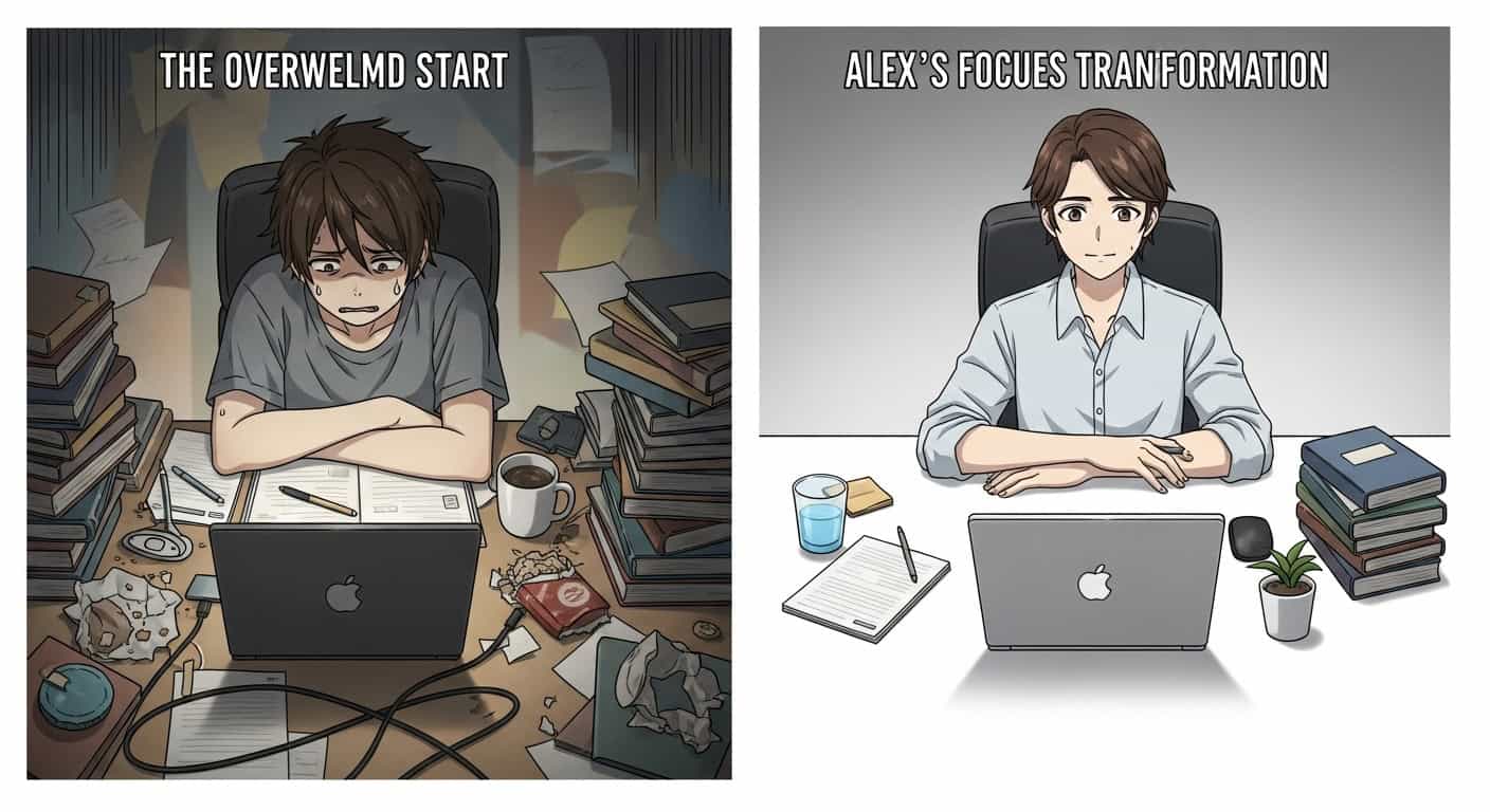 Anime character Alex, initially struggling with procrastination, then successfully applying the science of habits to achieve focus and productivity at a clean, organized workspace.