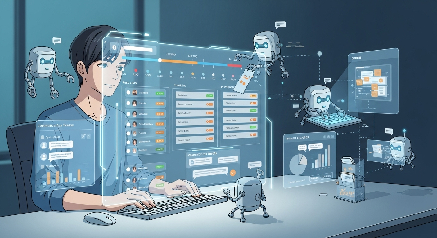 An anime freelancer manages projects with ease using AI freelance automation, with AI bots handling tasks and updates on a futuristic dashboard.
