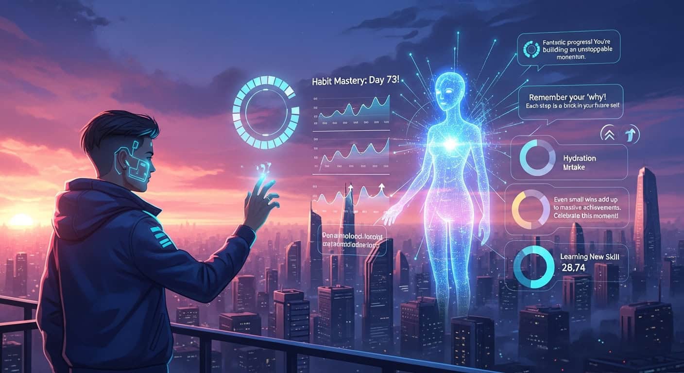 A vibrant anime-style image depicting a person collaborating with an AI co-pilot, visualizing personalized habit tracking and motivational support, showcasing the future of the science of habits and self-improvement.