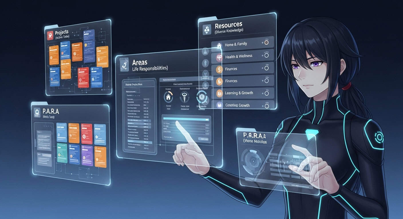 A futuristic anime workspace showcasing the PARA method (Projects, Areas, Resources, Archives) as a structured system for organizing digital information and efficiently building a second brain.