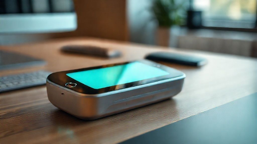 Futuristic Edge AI companion devices displaying a holographic interface on a desk
