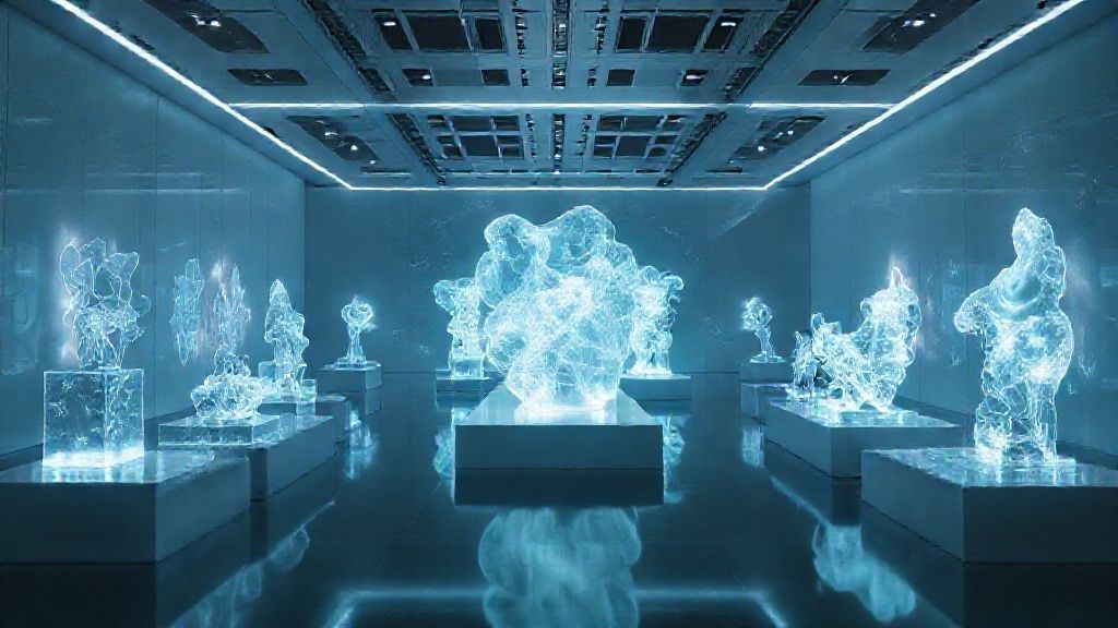 Futuristic gallery displaying Generative AI art experiments results on holographic screens