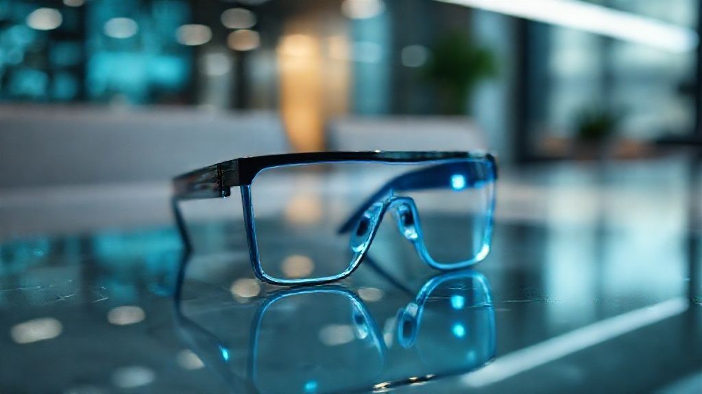 A pair of futuristic smart glasses representing Generative AI wearables for productivity on a desk