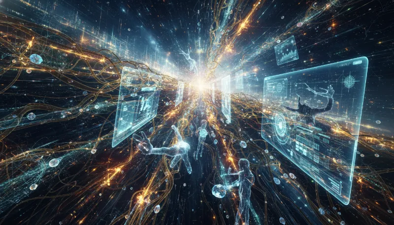 Abstract representation of generative AI revolutionizing productivity with neural networks and data flow.