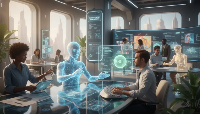 Diverse team collaborating with AI tools in a human-centric workflow.