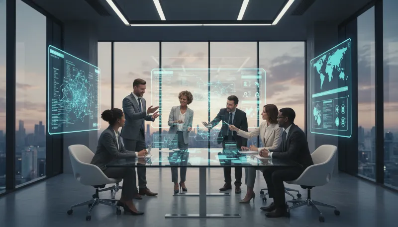 A diverse group of executives in a modern office collaborating with virtual AI agents displayed on large screens, showing enhanced productivity and strategic decision-making.