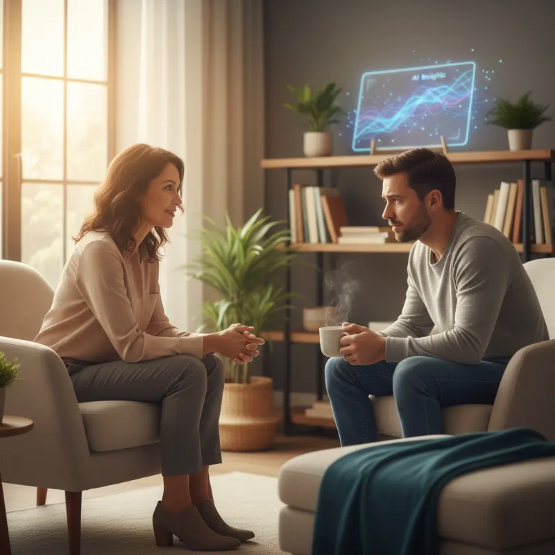 Human coach demonstrating empathy and connection with a client in a hybrid coaching setting