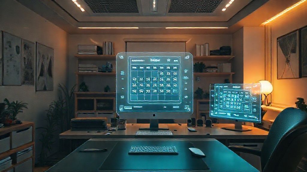 First person view of Living with AGI personal assistant 2026 interface on a holographic display in a modern home office.
