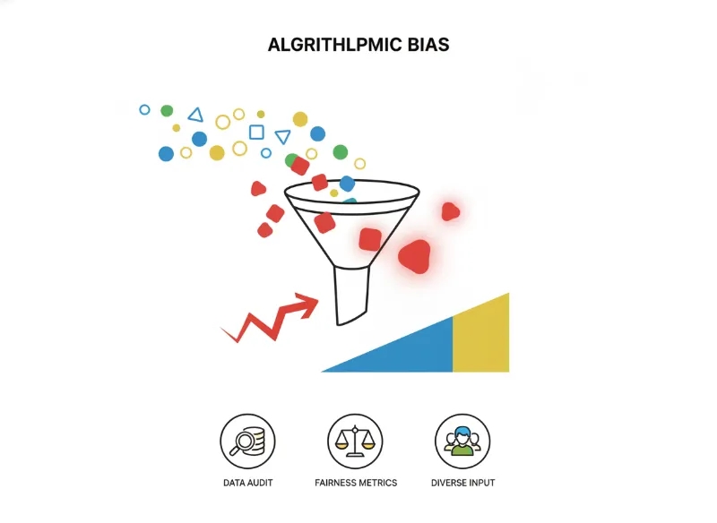 Infographic illustrating algorithmic bias and mitigation strategies
