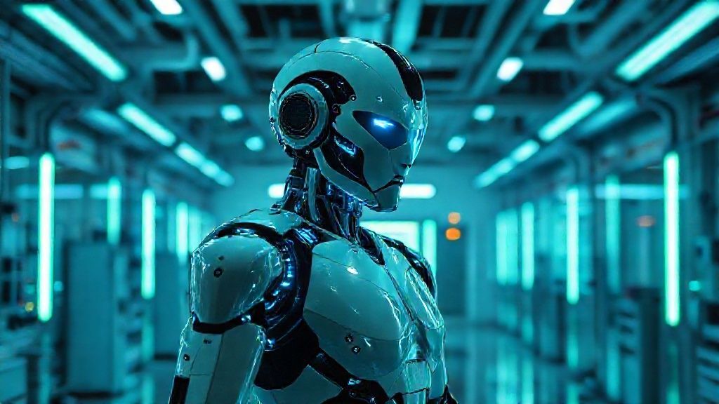 Futuristic Next-gen humanoid robots standing in a high-tech laboratory