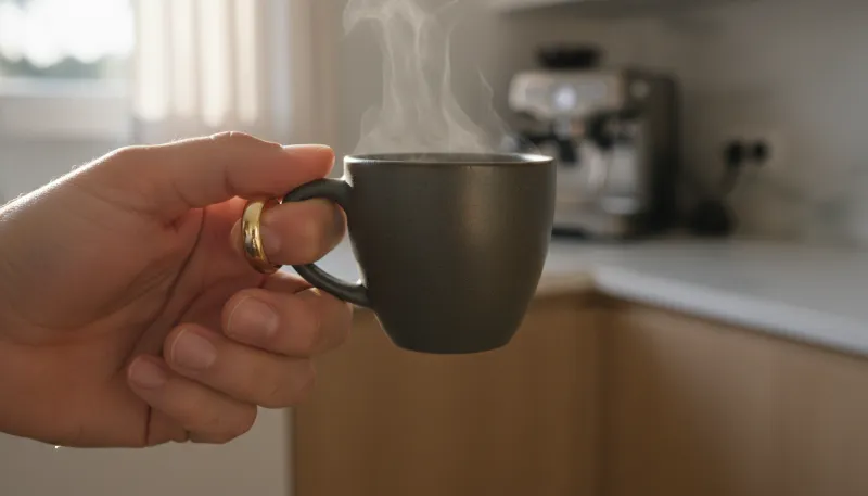 Man wearing Gold Oura Ring holding coffee