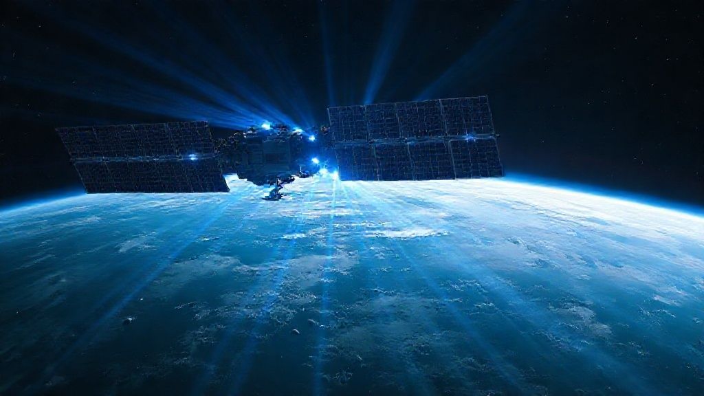 Futuristic satellite illustrating space-based solar power 2025 technology orbiting Earth
