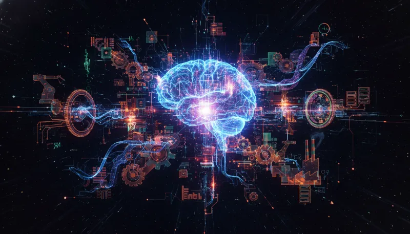 AI brain transforming industry gears