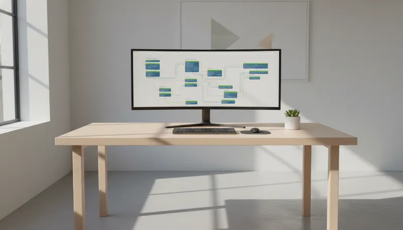 Futuristic minimalist home office with holographic dashboards displaying automation metrics.